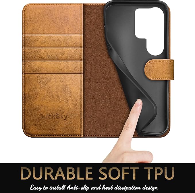 Compatible with Samsung Galaxy S25 Ultra Genuine Leather Wallet case【RFID Blocking】【4 Credit Card Holder】【Real Leather】 Flip Folio Book Phone case Cover Women Men for S25 Ultra case Khaki