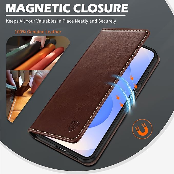 SHIELDON Wallet Case for Galaxy S25 FE 5G, Genuine Leather Case with RFID Blocking Credit Card Holder Kickstand Magnetic Folio Protective Cover Compatible with Galaxy S25 FE 6.7" 2025 - Retro Coffee