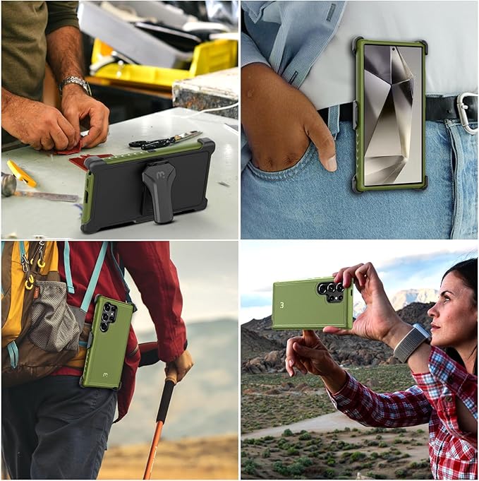 M MYBAT Pro Maverick Series for Samsung Galaxy S24 Ultra Case with Belt Clip Holster, 6.8 inch, Heavy Duty Military Grade Drop Protective Case with 360° Rotating Stand (No Screen Protector) Army Green