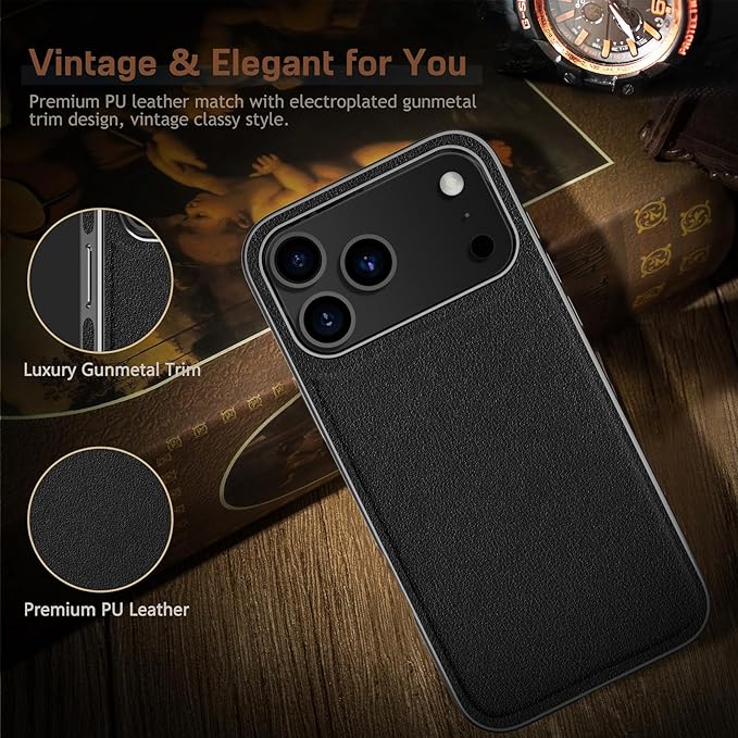 LOHASIC Compatible with MagSafe for iPhone 17 Pro Max Case, Classic Business Leather with Metal Trim Design, Rugged Grip Protective Magnetic Case for iPhone 17 ProMax 6.9" 2025 - Black