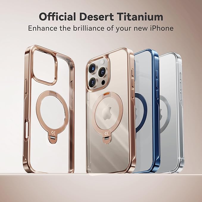 CASEKOO Desert Titanium for iPhone 16 Pro Case with 360 Spin Magnetic Stand [Compatible with Magsafe][16FT Military Protection] Slim Polished for iPhone 16 Pro Case with Stand 6.3'', Rose Gold