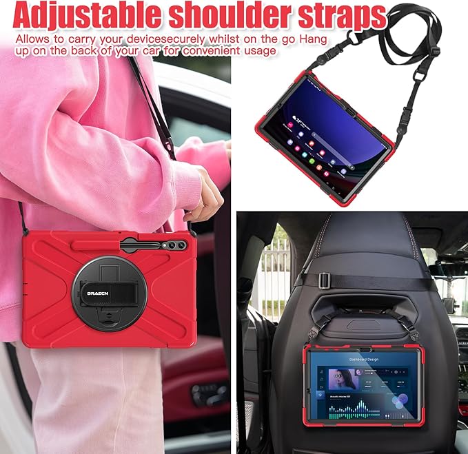 BRAECNstock for Samsung Galaxy Tab S10+ Plus/ S9 FE+ Plus/ S9+ Plus/ S8+ Plus/ S7 FE/ S7+ Plus 5G Tablet Case 12.4 inch Shockproof Protective Kids Cover with Pen Holder Rotating Stand+Hand Strap - Red