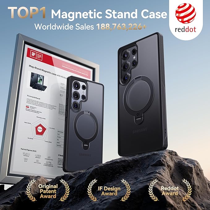 CASEKOO Patented 360° Spin Magnetic Stand for Samsung Galaxy S25 Ultra Case [18FT Military Drop Protection] [Compatible with MagSafe] Matte Translucent Slim S25 Ultra Case 6.9'' 2025, Black