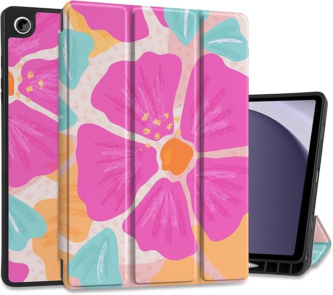 MEEgoodo Case for Samsung Galaxy Tab A9 Plus 11 inch Cover 2024 2023 with S Pen Holder, A9+ Smart Tablet Cases with Leather Trifold Stand+Soft TPU Back Shell+Smart Auto Wake/Sleep, Hand-Drawn Blossom