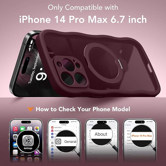 for iPhone 14 Pro Max Case for Women,[Compatible with Magsafe][360° Spin Magnetic Stand][Cute Wave Edge][Military-Grade Protection]Translucent Matte Phone Case for iPhone 14 ProMax, Wine Red