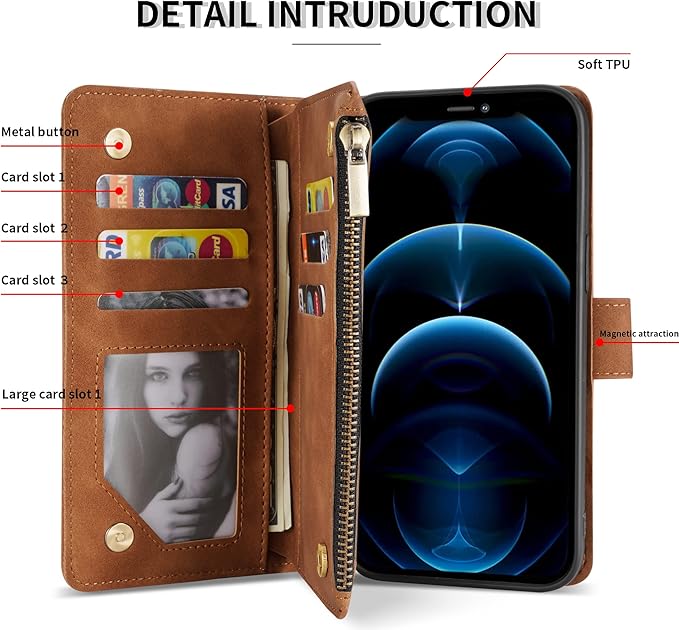 ZZXX iPhone 12 Pro Wallet Case with Card Slot, Premium Soft PU Leather Zipper Flip Folio Wallet with Wrist Strap Kickstand Protective for iPhone 12 (Brown 6.1 inch)