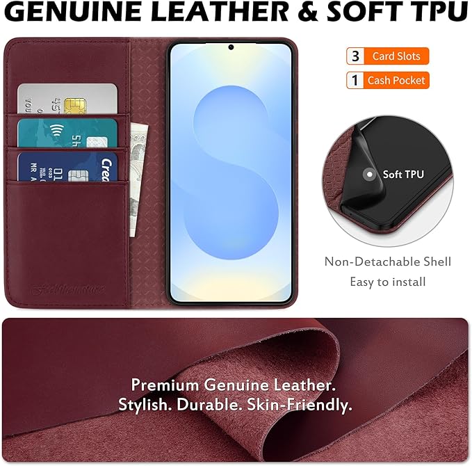 SHIELDON Wallet Case for Galaxy S25 Edge 5G 6.7", Genuine Leather Flip Magnetic Cover RFID Blocking Card Slot Kickstand Shockproof Protective Case Compatible with Galaxy S25 Edge 2025 - Nappa Wine Red