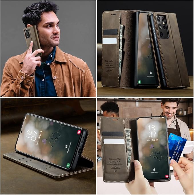 Wallet Case for Samsung Galaxy S21 Ultra Leather Wallet Flip Cover with Card Holder, Kickstand, Magnetic Closure, RFID Blocking TPU Shockproof Phone Case Compatible with S21 Ultra, Coffee