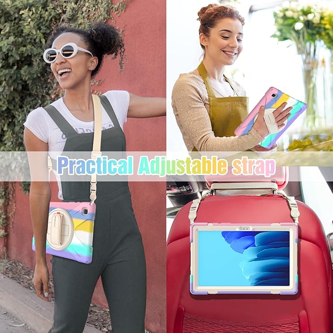 BRAECNstock for Samsung Galaxy Tab A7 10.4 inch Case 2022/2020 (SM-T500/T505/T509) with Screen Protector Shockproof Protective Tab A7 Kids Case with Rotating Stand+Hand Strap Pen Holder - Rainbow Pink