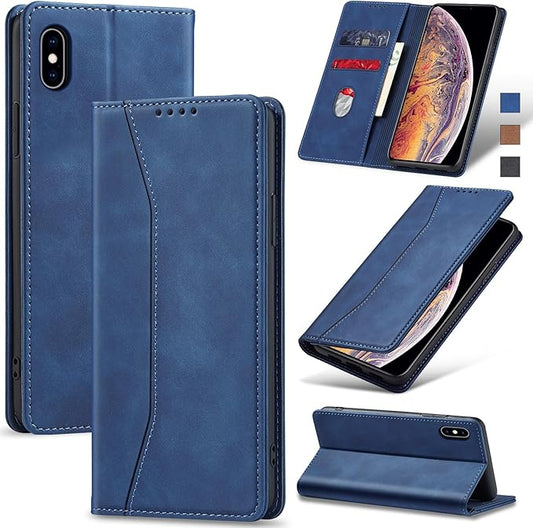 Jasonyu Flip Wallet Case for iPhone Xs Max,Leather Magnetic Folio Cover with Card Holder,Kickstand - TPU Shockproof Durable Protective Phone Case,Blue