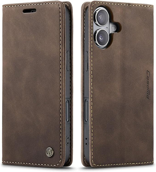 for iPhone 16 Case, Flip Wallet Leather Case with Card Holder Magnetic Closure Shockproof Kickstand Protective Phone Cases Cover for iPhone 16, Coffee