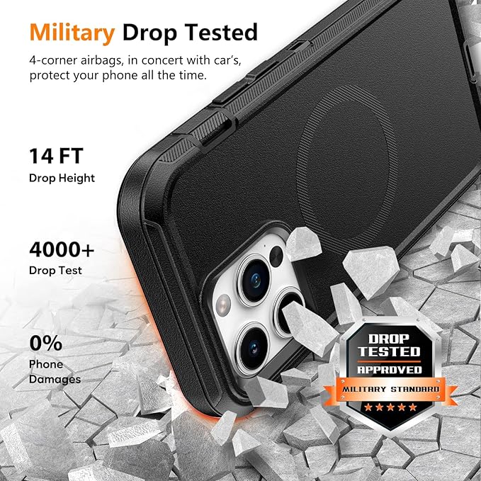for iPhone 13 Pro & 14 Pro Case with Belt Clip Holster, Anti-Shock, Anti-Slip, Compatible with MagSafe, 3-Layer Drop Protection, Heavy Duty Magnetic Phone Case Cover 14 Pro, 6.1", Black