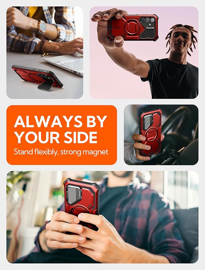 i-Blason for Samsung Galaxy S25 Plus Case with Camera Cover Stand [MagSafe Compatible] [Built-in Screen Protector] Full-Body Military-Grade Protection Rugged Magnetic Phone Case for S25 Plus, Red