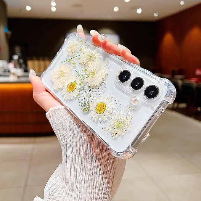 Compatible with Samsung Galaxy S24 Case Cute Pressed Dried Real Flowers Design Women Girly Shockproof Gliter Floral Clear Phone Cover for Galaxy S24 (White Flower)