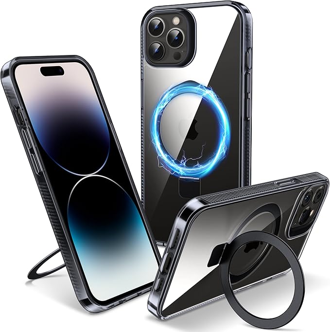 Magnetic Case for iPhone 14 Pro Max - [Built-in Invisible Stand] [Compatible with MagSafe] [Military Grade Drop Protection] Anti-Yellowing Hard Back Silicone Edge Cover, 6.7", Clear Black