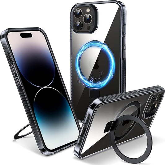 Magnetic Case for iPhone 14 Pro - [Built-in Invisible Stand] [Compatible with MagSafe] [Military Grade Drop Protection] Anti-Yellowing Hard Back Silicone Edge Cover, 6.1", Clear Black