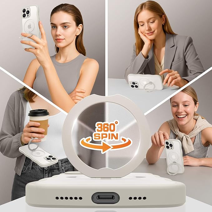 GolbinBox for iPhone 16 Pro Max Case for Women,[Compatible with Magsafe][360° Spin Magnetic Stand][Cute Wave Edge][Military-Grade Protection] Translucent Matte Phone Case for iPhone 16 ProMax, Stone