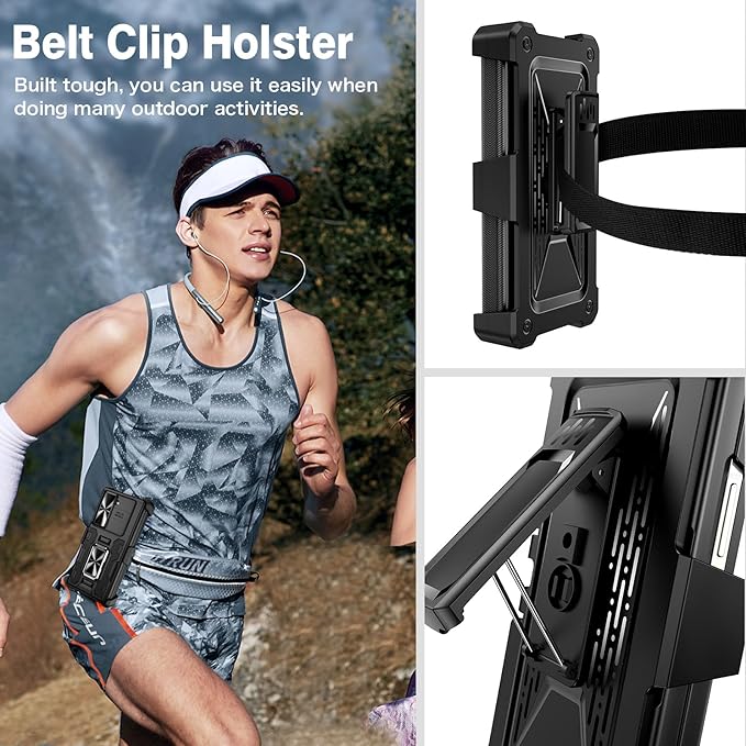 VEGO for Galaxy Z Fold 6 Case with Belt Clip Holster, 360°Ring Magnetic Kickstand & Camera Cover & Front Screen Protector & Hinge Protection Shockproof Armor Case for Samsung Z Fold 6 - Black