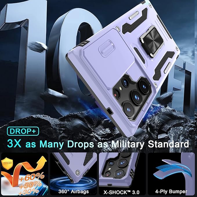 DEERLAMN Case for Samsung Galaxy S25 Ultra with Slide Camera Cover+Screen Protector (1 Pack), Rotated Ring Kickstand Military Grade Shockproof Protective Cover-Light Purple