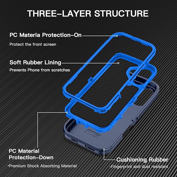 for iPhone 16 Case Shockproof Dust/Drop Proof 3-Layer Full Body Protection [Without Screen Protector] Rugged Heavy Duty Cover Case for Apple iPhone 16 6.1" 2024,Navy Blue