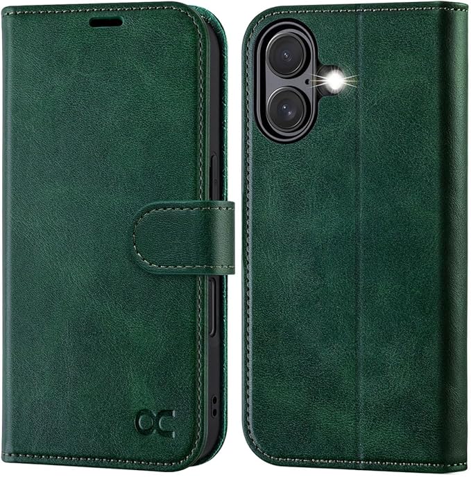 OCASE Compatible with iPhone 16 Wallet Case, PU Leather Flip Folio Case with Card Holders RFID Blocking Kickstand [Shockproof TPU Inner Shell] Phone Cover 6.1 Inch 2024, Blackish Green