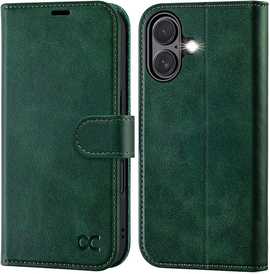 OCASE Compatible with iPhone 16 Wallet Case, PU Leather Flip Folio Case with Card Holders RFID Blocking Kickstand [Shockproof TPU Inner Shell] Phone Cover 6.1 Inch 2024, Blackish Green