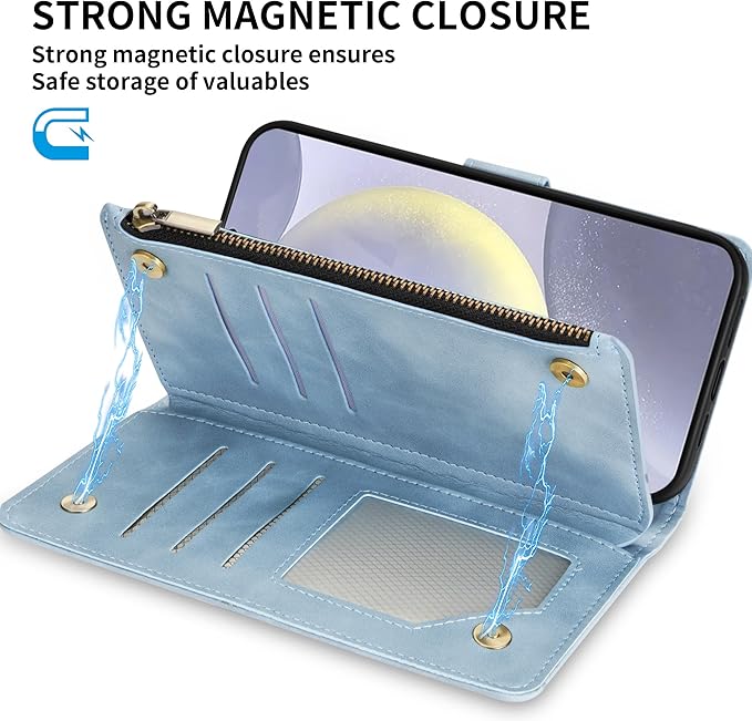 ZZXX for Samsung Galaxy S24 Plus Wallet Case with RFID Blocking Card Slot PU Leather Zipper Flip Folio with Strap Kickstand Protective Cover for Samsung Galaxy S24+ Case Wallet(Light Blue-6.7 inch)