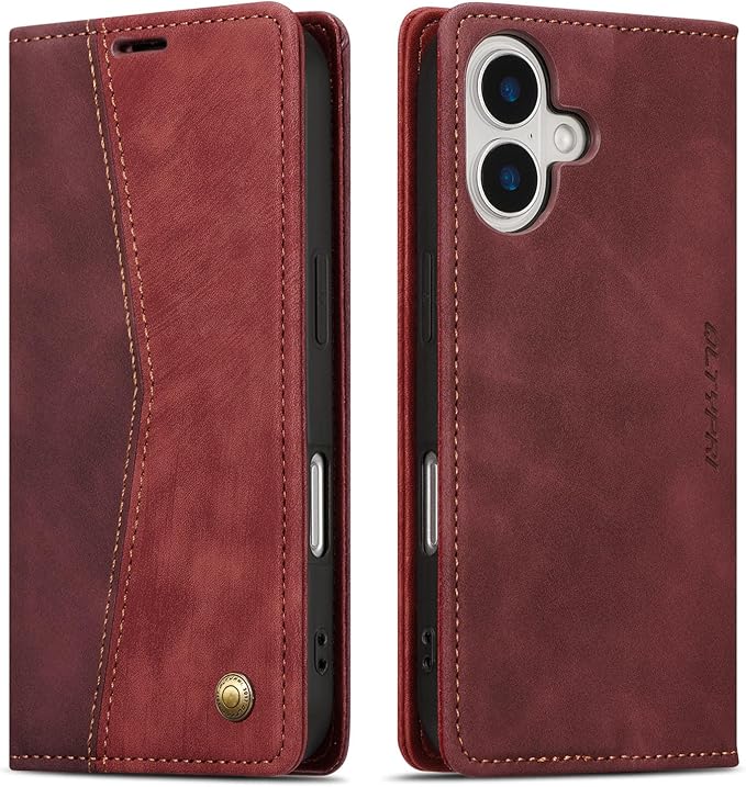 QLTYPRI for iPhone 16 Case Wallet with Card Holder, Vintage PU Leather Kickstand Magnetic Closure Shockproof Folio Book Cover Case for iPhone 16 - Retro Wine Red