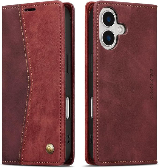QLTYPRI for iPhone 16 Case Wallet with Card Holder, Vintage PU Leather Kickstand Magnetic Closure Shockproof Folio Book Cover Case for iPhone 16 - Retro Wine Red