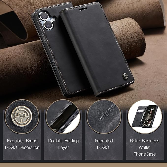 for iPhone 16 Case, Flip Wallet Leather Case with Card Holder Magnetic Closure Shockproof Kickstand Protective Phone Cases Cover for iPhone 16, Black