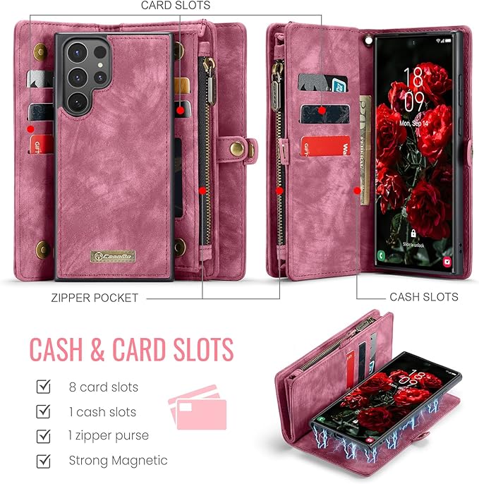 SZHAIYU 2 in 1 Detachable for Samsung Galaxy S25 Ultra Wallet Case with Card Holder, Retro Premium Flip Leather Cover Magnetic Zipper Pocket Phone Cases 6.8'' (Red, S25 Ultra)