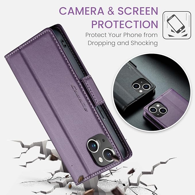for iPhone 14 Case, Premium PU Leather Wallet Case Flip Cover with [RFID Blocking][Card Holder][Stand Function] Shockproof Protective for iPhone 14 6.1 inch, Purple