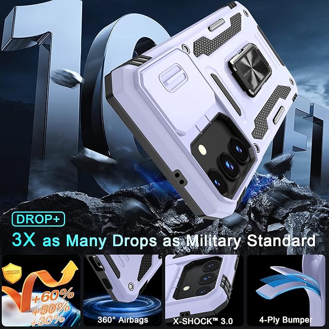 DEERLAMN Case for Samsung Galaxy S24 FE 6.7-Inch with Slide Camera Cover+Screen Protector(1 Pack), Rotated Ring Kickstand Military Grade Shockproof Protective Cover-Light Purple