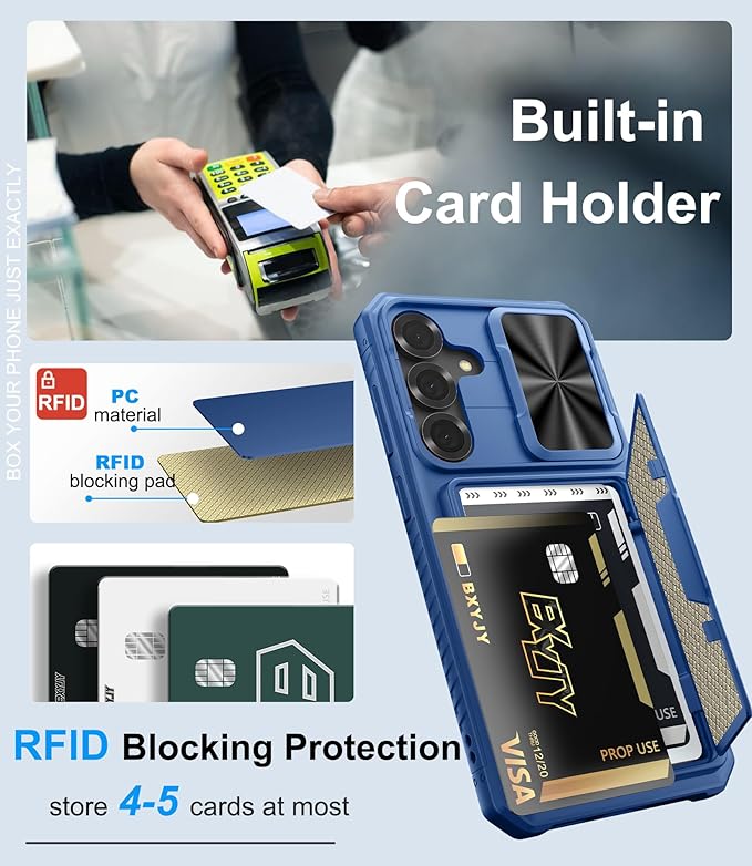 for Samsung Galaxy S25+ Plus Wallet Case, Card Holder (4-5 Cards), RFID Block, Slide Lens Cover, Military Drop Protection, Heavy Duty Men Women Protective Phone Cases for Galaxy S25+ Plus, Blue