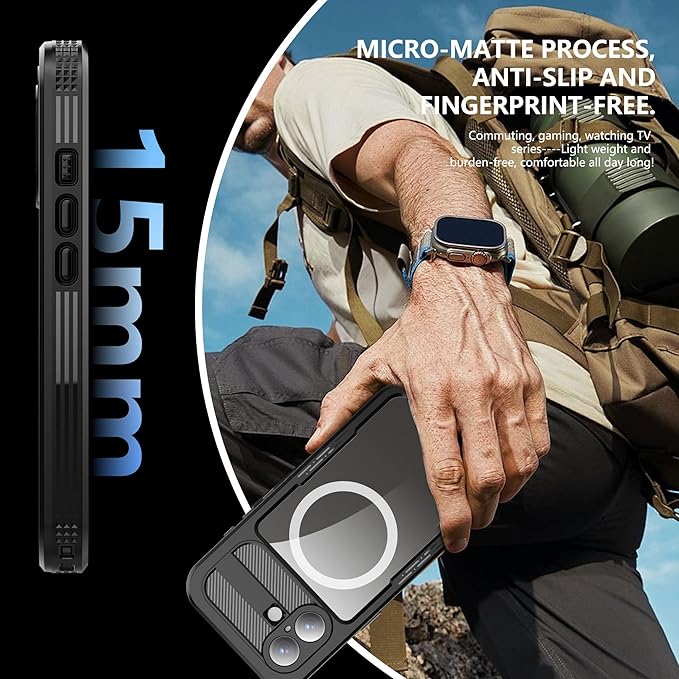 GOLDJU Magnetic for iPhone 17 Case-Waterproof, Built-in Screen & Camera Protector-IP68 Underwater Full Body 16FT Military Dropproof Shockproof Case for 17 6.3''- Black