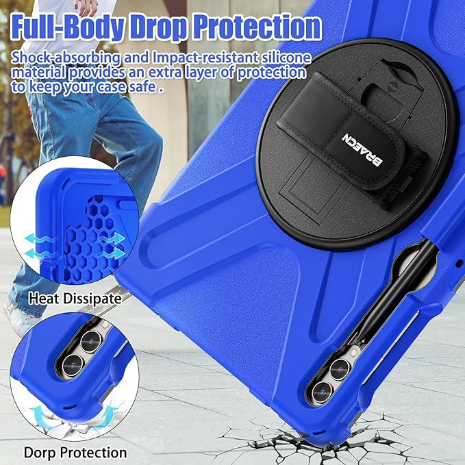 BRAECNstock Case for Samsung Galaxy Tab S10+ Plus/ S9 FE+ Plus/ S9+ Plus/ S8+ Plus/ S7 FE/ S7+ Plus 5G 12.4 inch Shockproof Protective Kids Cover with Pen Holder Rotating Hand Strap & Stand - Blue