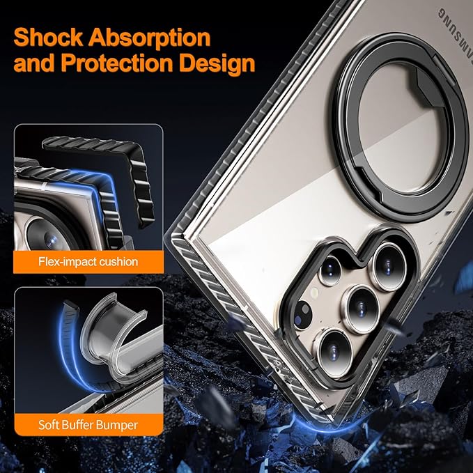 for Samsung Galaxy S24 Ultra Case,Compatible with Magsafe,with 360°Rotatable Magnetic Ring Stand [Wireless Charging], Clear Slim Soft Edge Phone Kickstand,Clear & Black