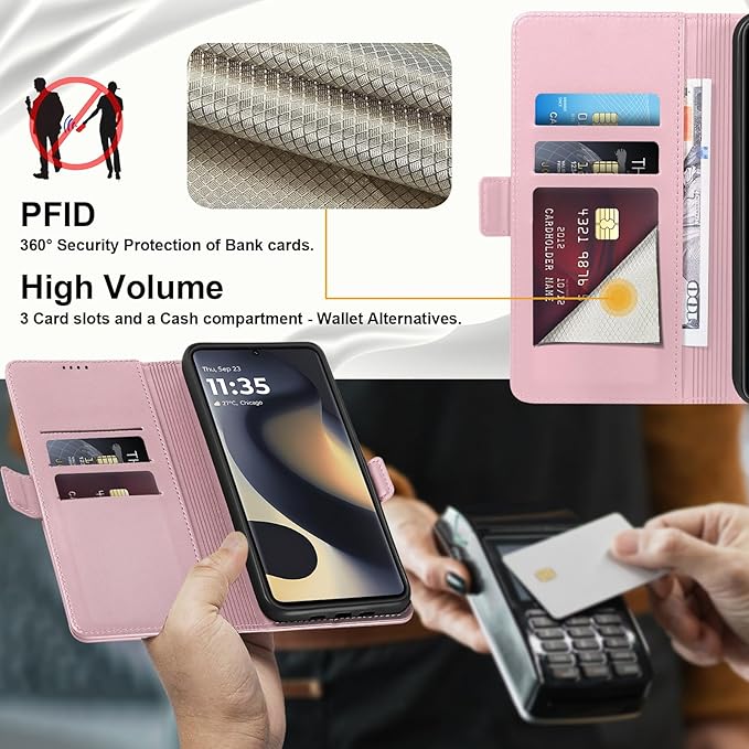 Wallet Flip Case for Motorola Edge (2024) - [RFID Blocking] Luxury PU Leather Card Holder Magnetic Phone Cover with Kickstand,Shockproof Protective Case,Pink