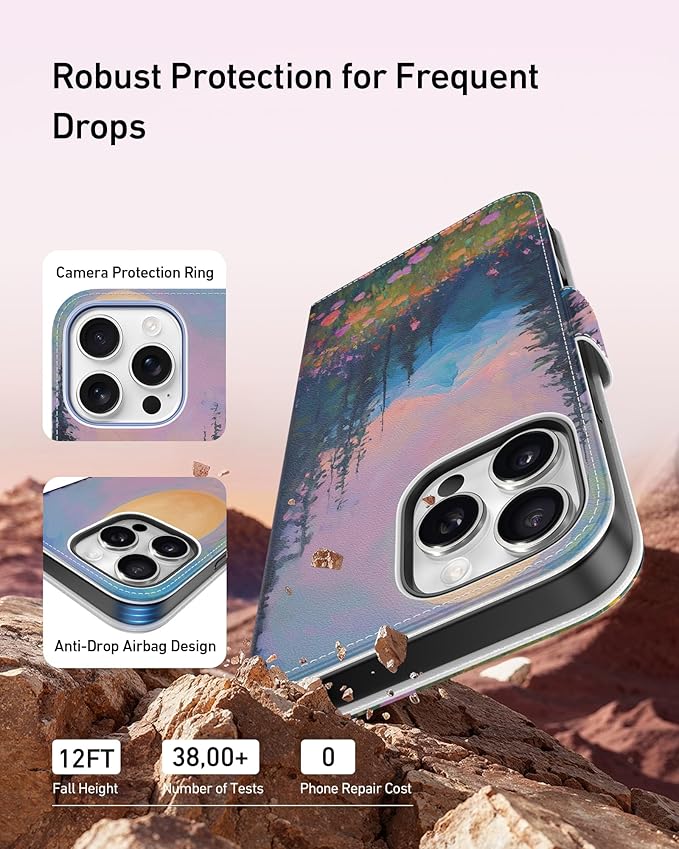 DEENAKIN for iPhone 15 Pro Wallet Case with Card Holder + Cash Clip, RFID-Blocking, Military-Grade Drop Protection, Magnetic Closure with Leather Kickstand - Mountain Blossom Glow