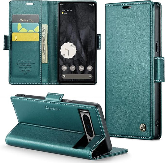 for Google Pixel 8 Pro Case, Premium PU Leather Wallet Case Flip Cover with [RFID Blocking][Card Holder][Stand Function] Shockproof Protective for Google 8 Pro, Blue-Green