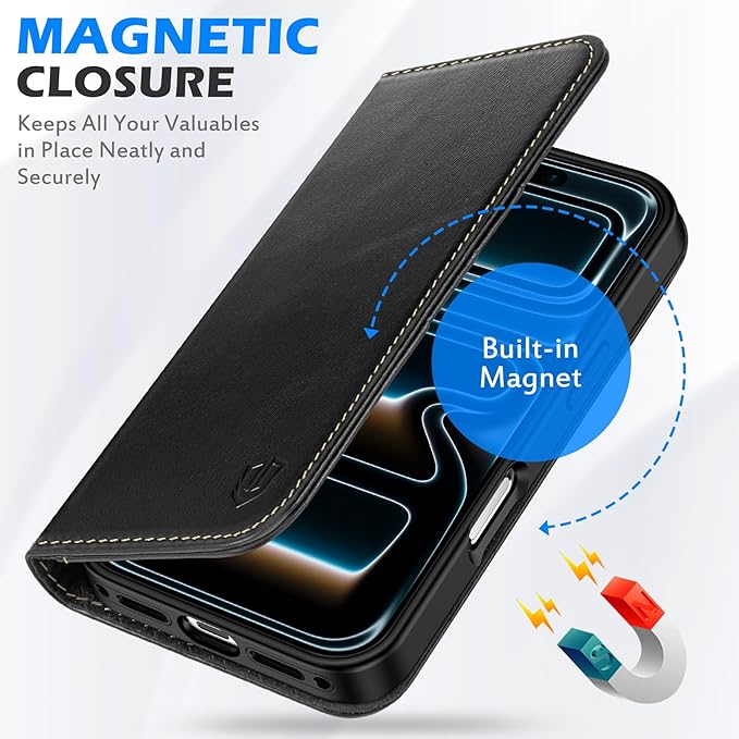 SHIELDON Genuine Leather Case Wallet for iPhone 17 6.3-inch 5G 2025 | Folio, Magnetic Closure, RFID Blocking 3 Card Slots, Kickstand, Book Design, Full Protective Cover - Retro Black