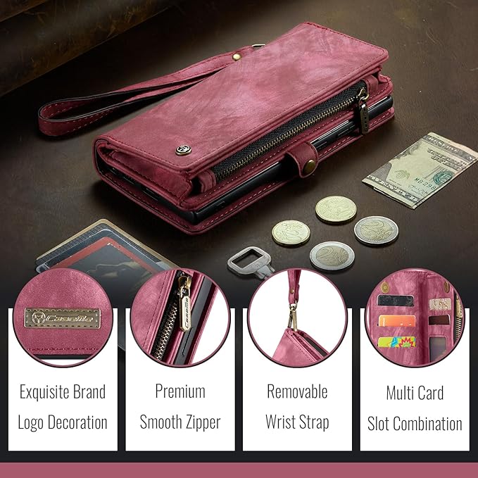 SZHAIYU 2 in 1 Detachable for Samsung Galaxy S25 Ultra Wallet Case with Card Holder, Retro Premium Flip Leather Cover Magnetic Zipper Pocket Phone Cases 6.8'' (Red, S25 Ultra)