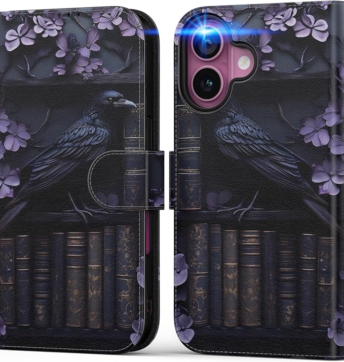 DEENAKIN for iPhone 16 Wallet Case with Card Holder + Cash Clip, RFID-Blocking, Military-Grade Drop Protection, Magnetic Closure with Leather Kickstand - Purple Floral & Raven