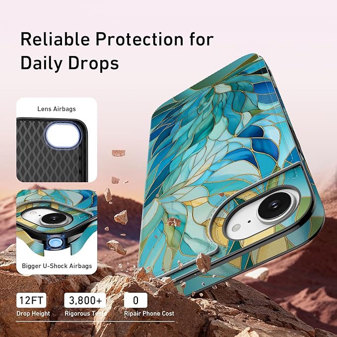 FUNMIKO for iPhone 16e Wallet Case with Card Holder, RFID-Blocking, Military-Grade Protection & UV-Printed Artwork, Magnetic Closure with Leather Kickstand - Sleek Cyan Leaf