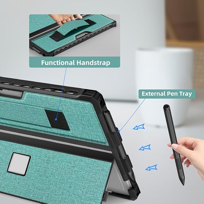 Case for 12.3" Microsoft Surface Pro 7+/7/6/5/4/Pro LTE Protective Rugged Cover Case, with Stylus Pen Holder and Hand Strap, Compatible with Type Cover Keyboard, Cyan