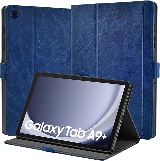 Handmade Case for Samsung Galaxy Tab A9 Plus/A9+ 5G Tablet 11 Inch 2023 SM-X210/SM-X216/SM-X218u with Pocket,Multi Angles,Magnetic Closure,Vegan Leather Folio Cover,Auto Sleep/Wake,Blue