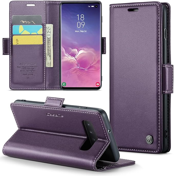 Case for Samsung Galaxy S10 Wallet Case, RFID Blocking PU Leather Flip Folio Cover Card Holder Kickstand Shockproof Phone Case Compatible with Samsung Galaxy S10, Purple