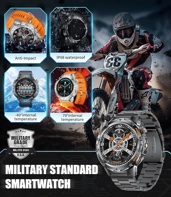 Military Smart Watch for Men, Flashlight 100+ Sports Modes Fitness Tracker Smartwatch, 1.43'' AMOLED Display, 5ATM Waterproof/Sleep Monitor, Mens Smart Watches for Android iOS