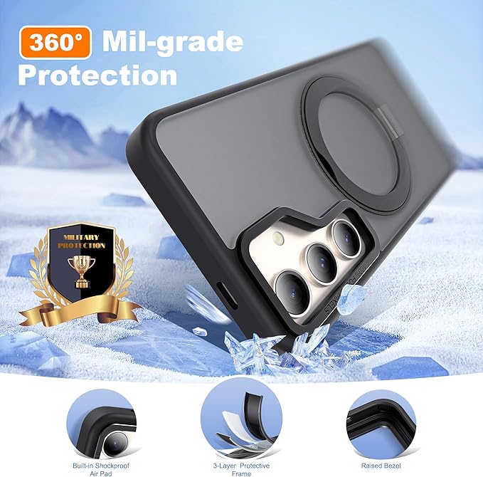 for Samsung Galaxy S23 Case with 360°Rotatable Magnetic Ring Stand Compatible with Mag-Safe Military Standard Protection Shockproof Matte Translucent Phone Cases for Samsung Galaxy S23,Black