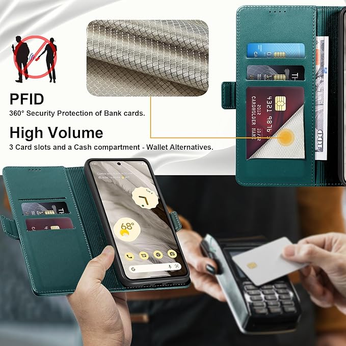 Wallet Flip Case for Google Pixel 7A - [RFID Blocking] Luxury PU Leather Card Holder Magnetic Phone Cover with Kickstand,Shockproof Protective Case,Green